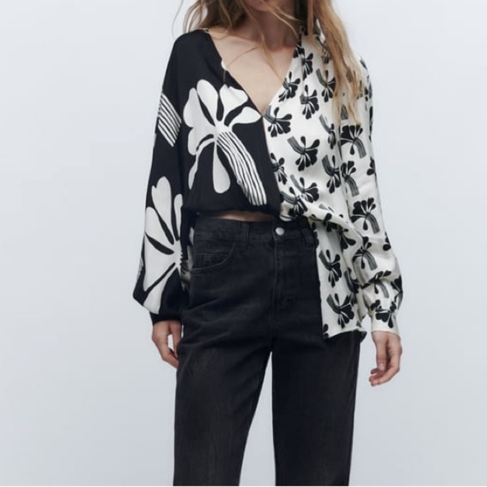 Zara Floral Printed Blouse Limited Edition Asymmetric Hem Satiny Black Ivory